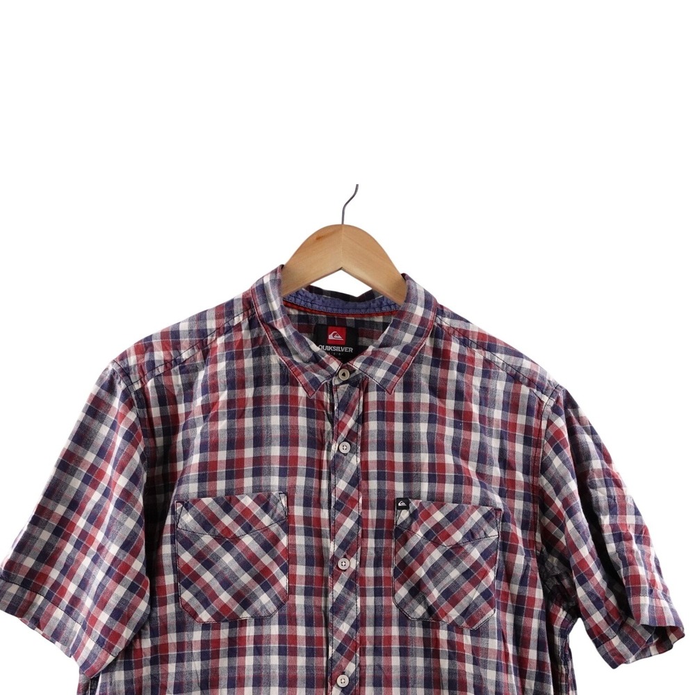 Quiksilver Mens L Plaid Button Up Shirt Short Sleeve Red Blue‎ White Y2K Skater